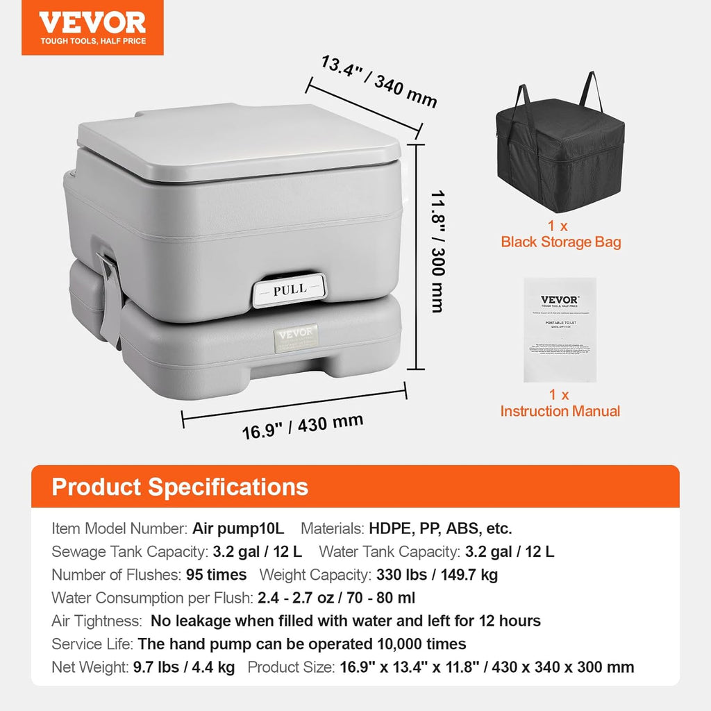 Portable Toilet for Camping & RV Trips, Cassette Toilet with 3.2 Gal, Push-Button Pressurized Flush, Sealed Spill-Proof