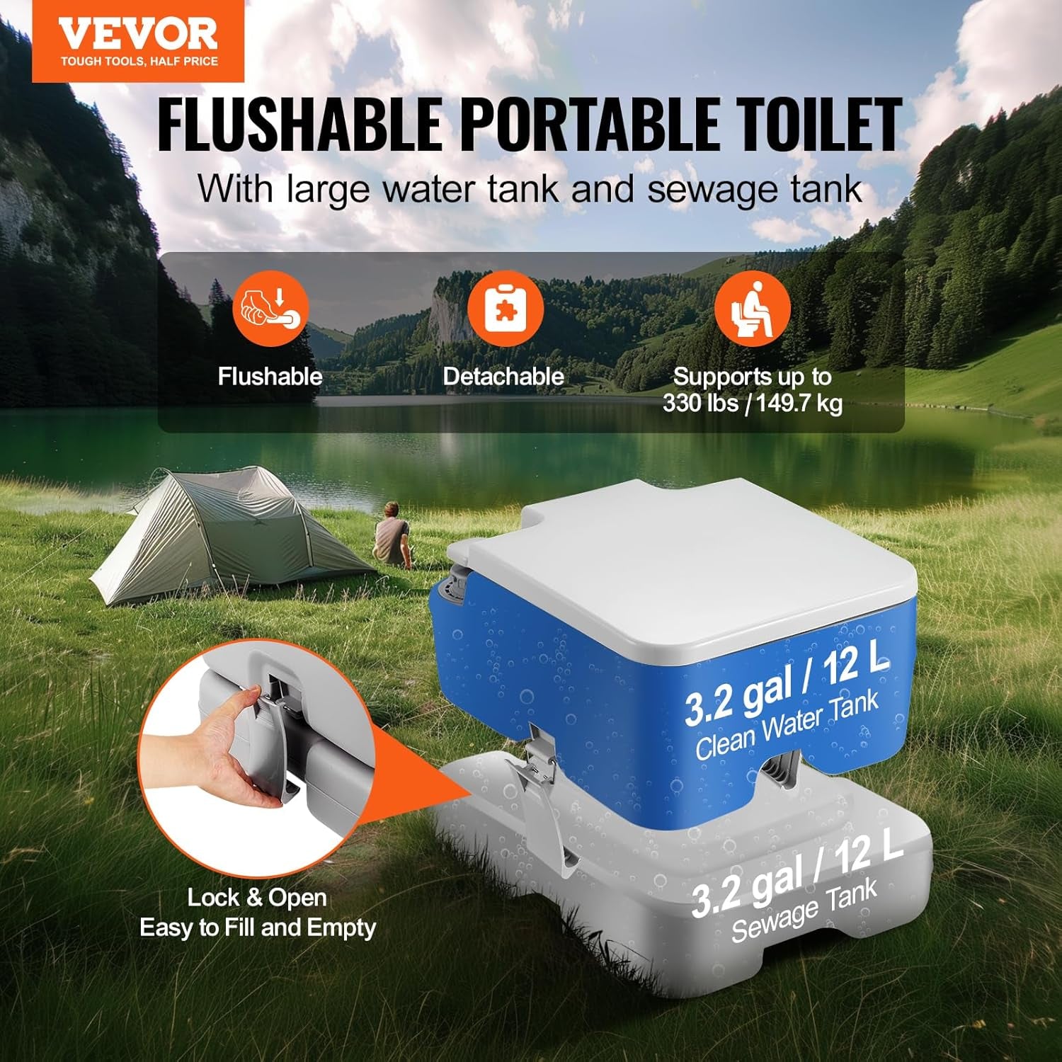 Portable Toilet for Camping & RV Trips, Cassette Toilet with 3.2 Gal, Push-Button Pressurized Flush, Sealed Spill-Proof