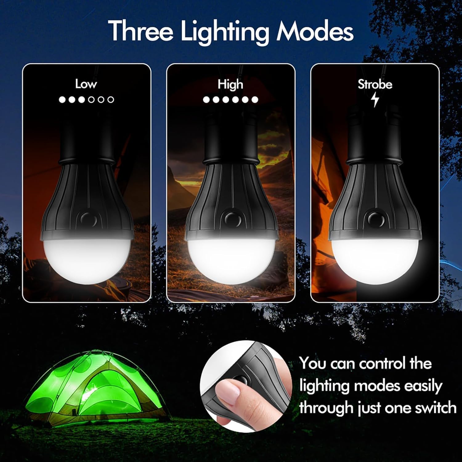 Portable LED Tent Lamp Emergency Lights with Hook, Hurricane Bulb Lantern Equipment for Camping, Hiking, Backpacking, Fishing Outage, Multicolor, 4 Pack