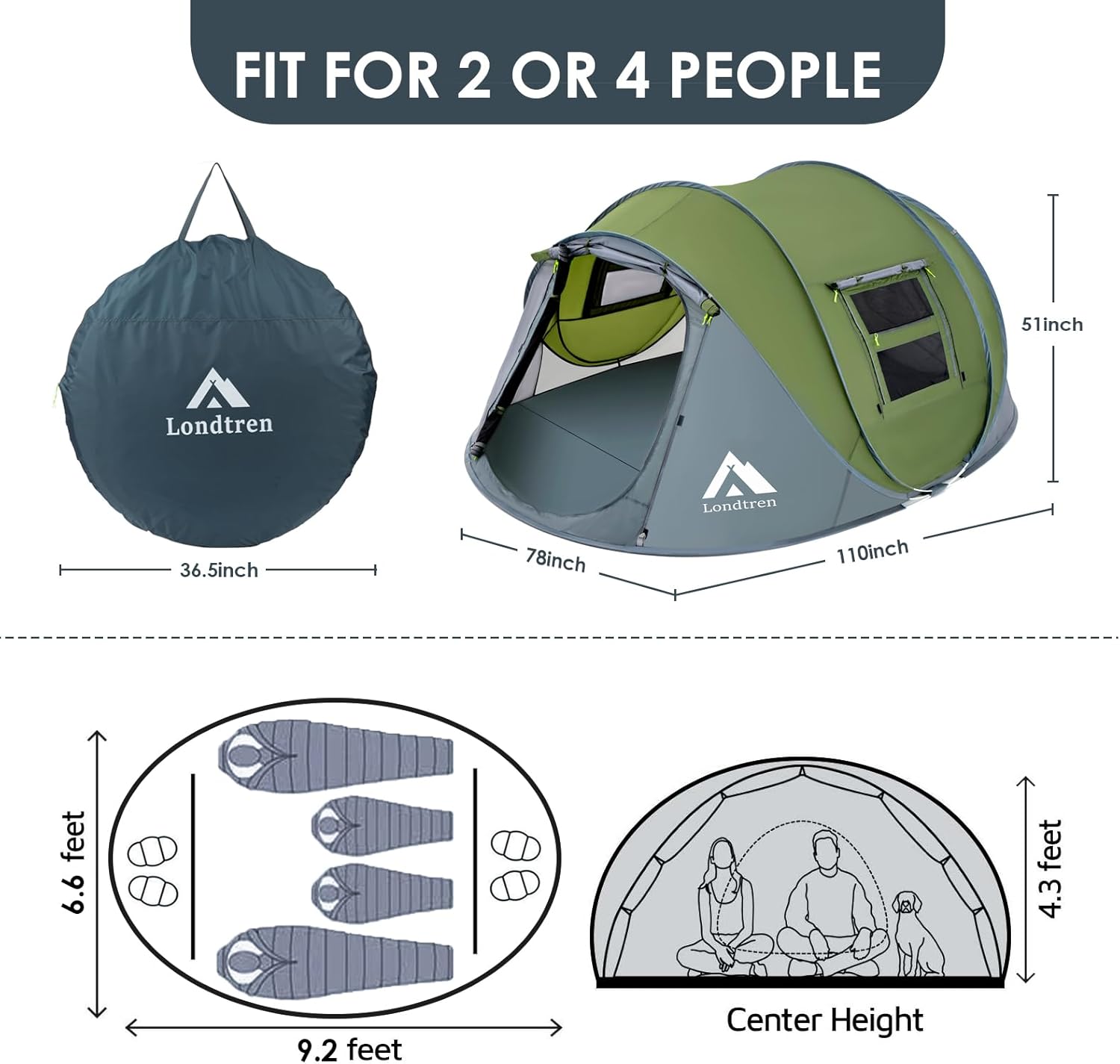 4 Person Easy Pop up Tent Waterproof Automatic Setup 2 Doors-Instant Family Tents for Camping Hiking & Traveling