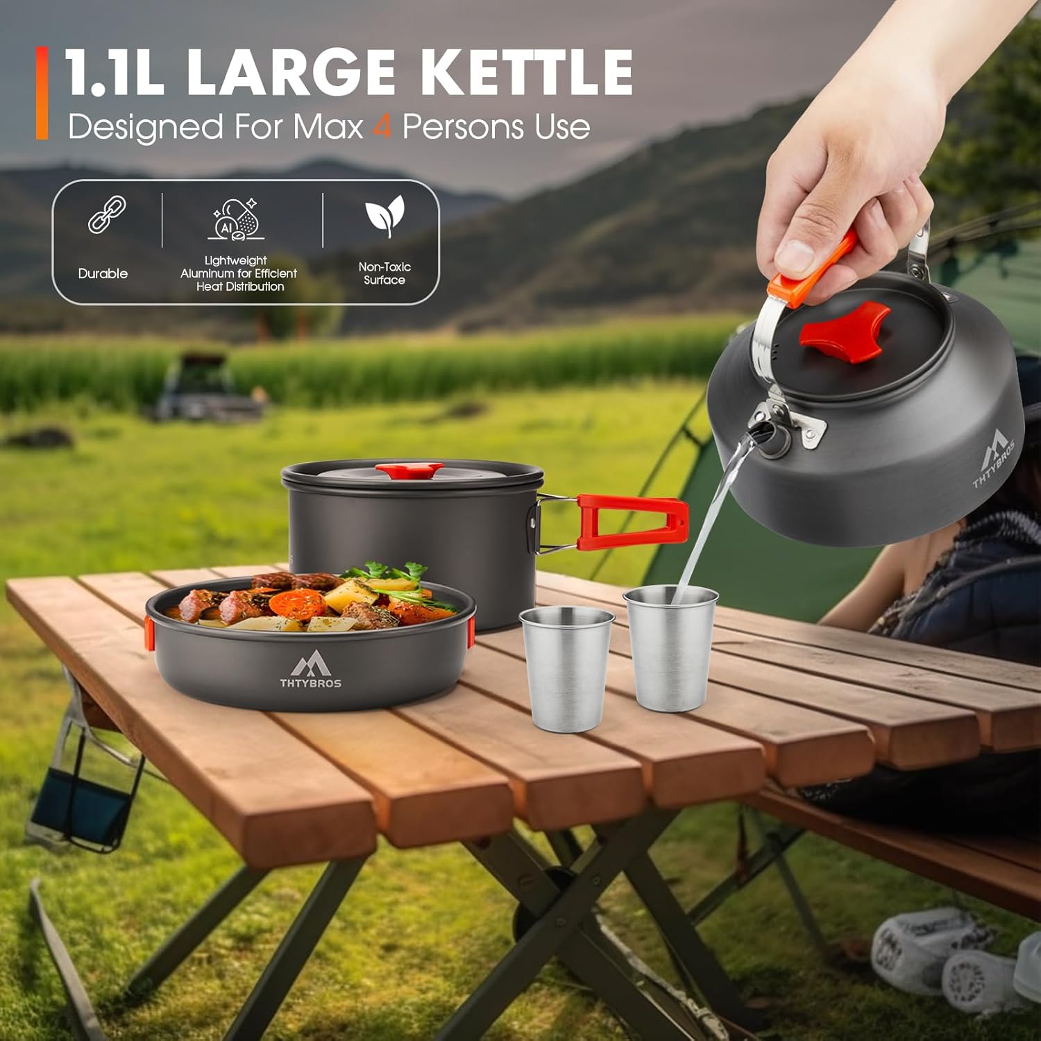 17Pcs Camping Cookware Kit, 0.45Gal Pot, 7Inches Pan,0.30Gal Kettle Set with 2 Set Stainless Steel Cups Plates Forks Knives Spoons for Hiking