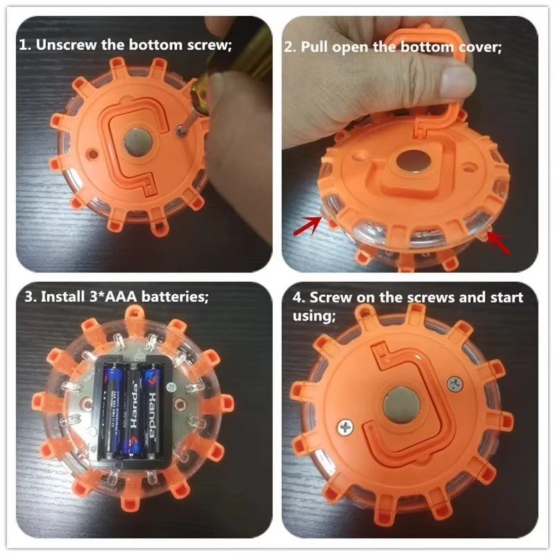 3 Pack LED Road Flares Flashing Emergency Warning Light Requires AAA Batteries Help Flash Roadside Safety Disc Magnetic Flashing