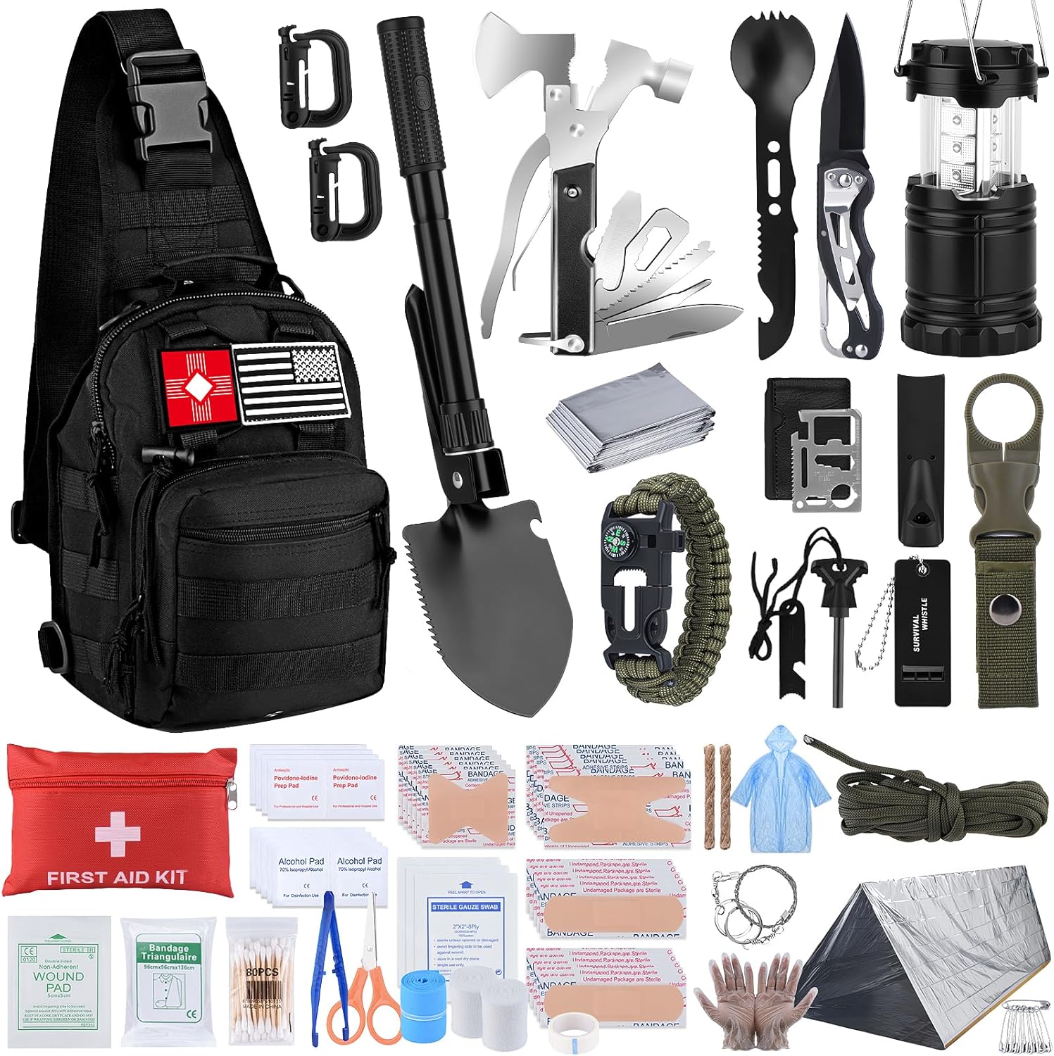 Survival Kit, Gifts for Christmas Men, Women, 251Pcs Emergency Survival Gear and Supplies Equipment, First Aid Kit with Crossbody Bag, Camping Essentials for Earthquake, Hiking, Outdoor Adventure