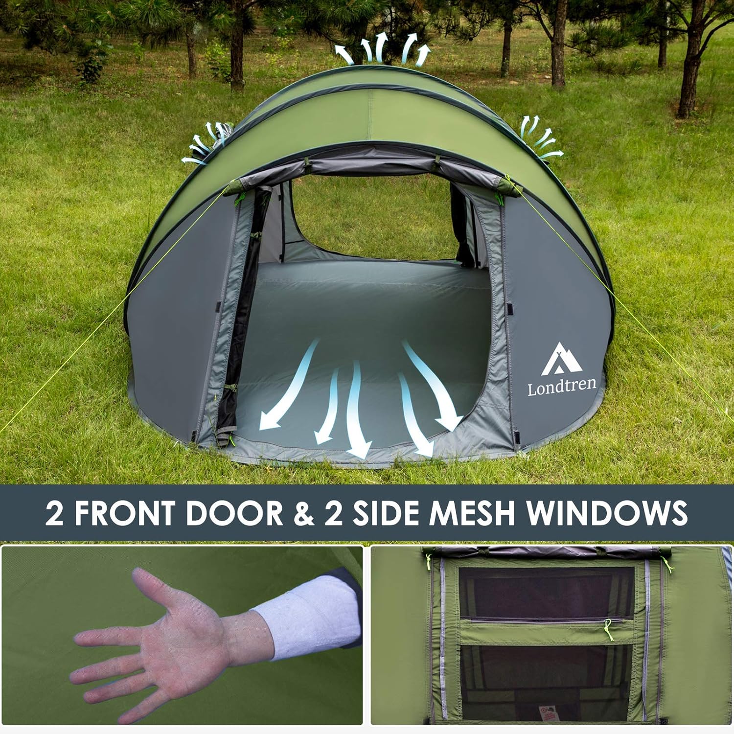 4 Person Easy Pop up Tent Waterproof Automatic Setup 2 Doors-Instant Family Tents for Camping Hiking & Traveling