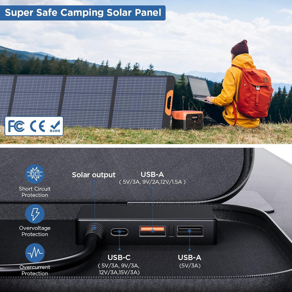 220 Watt Portable Solar Panel for Power Station,Camping Essentials,18.6V Foldable Solar Charger with Solar Cable 23.5% High Efficiency IP67 Waterproof 4 Kickstands for Camping RV Blackout