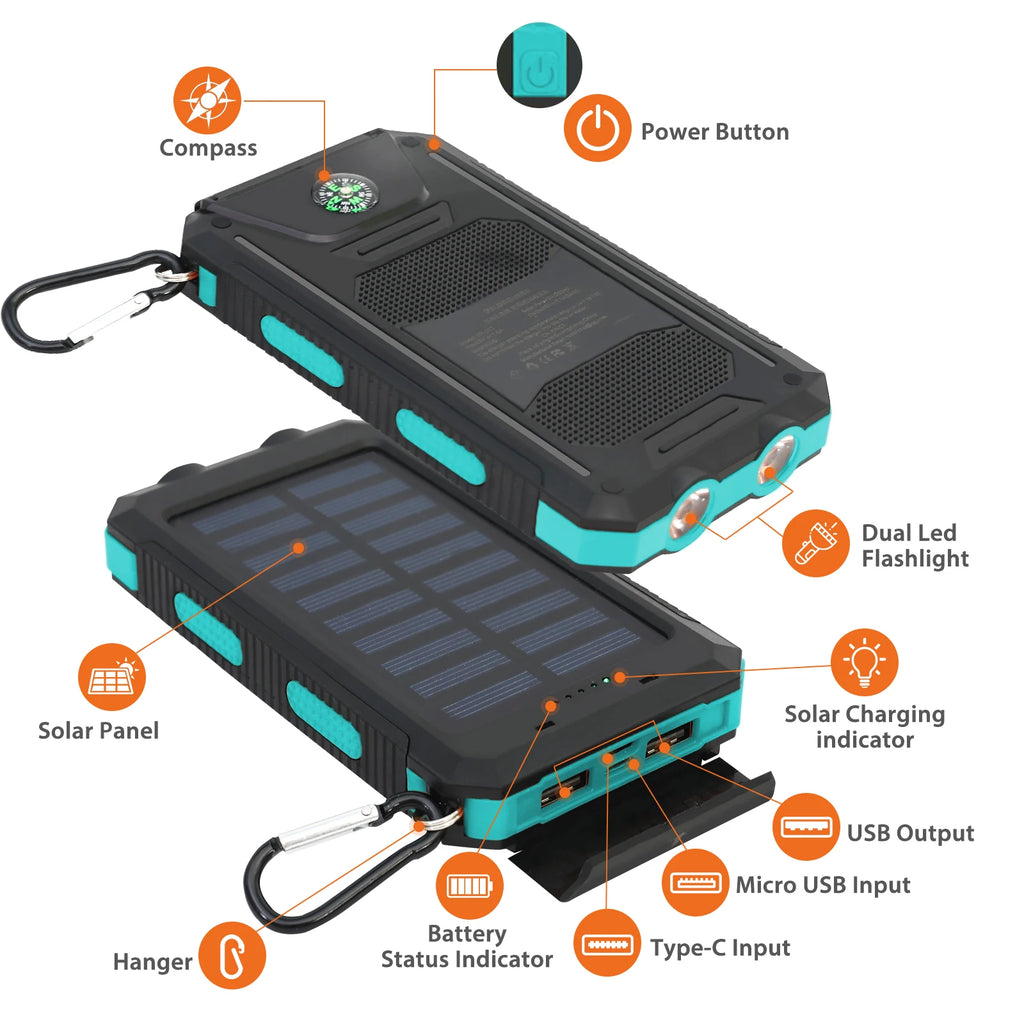 20000Mah Solar Charger Waterproof Portable Solar Power Bank Dual 5V USB Ports 2 LED Flashlight Compass for Outdoor Camping Hik