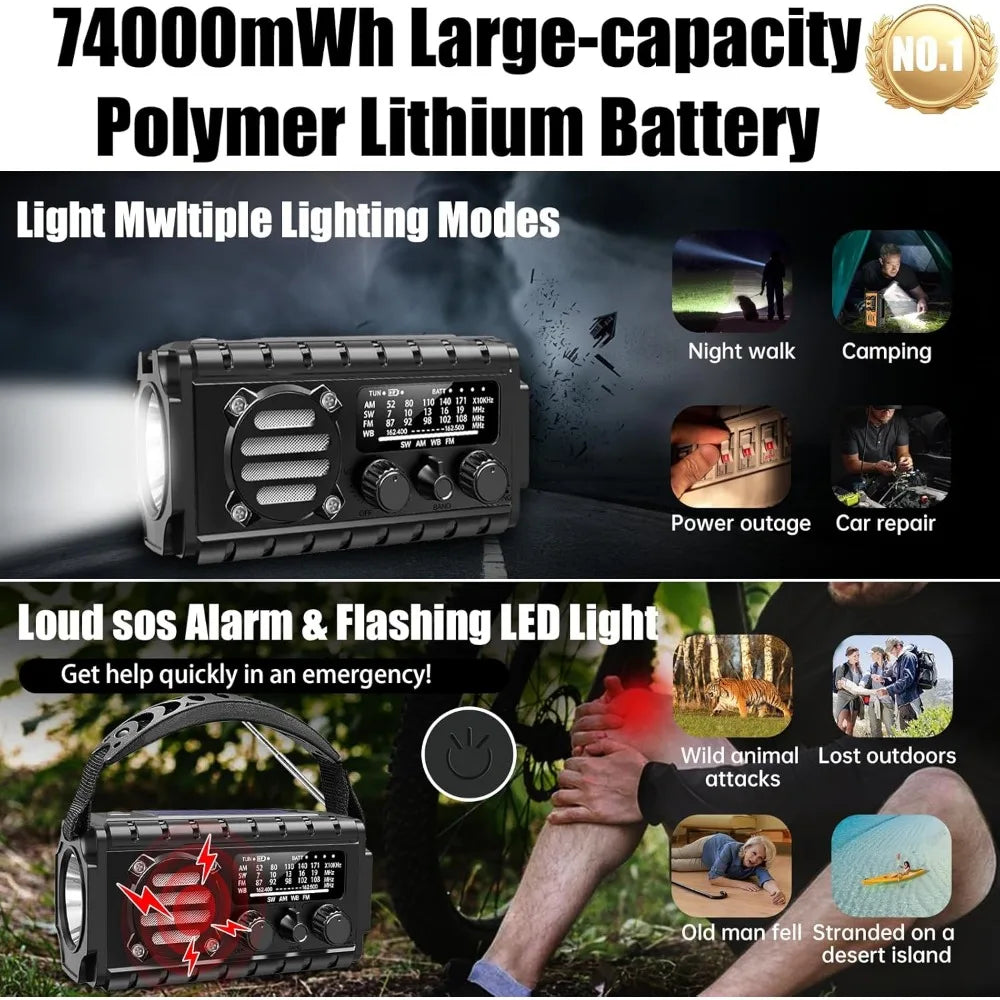 20000Mah Solar Hand Crank Emergency Radio with NOAA Weather, Flashlight, SOS Alarm, and Phone Charger for Outdoor Survival