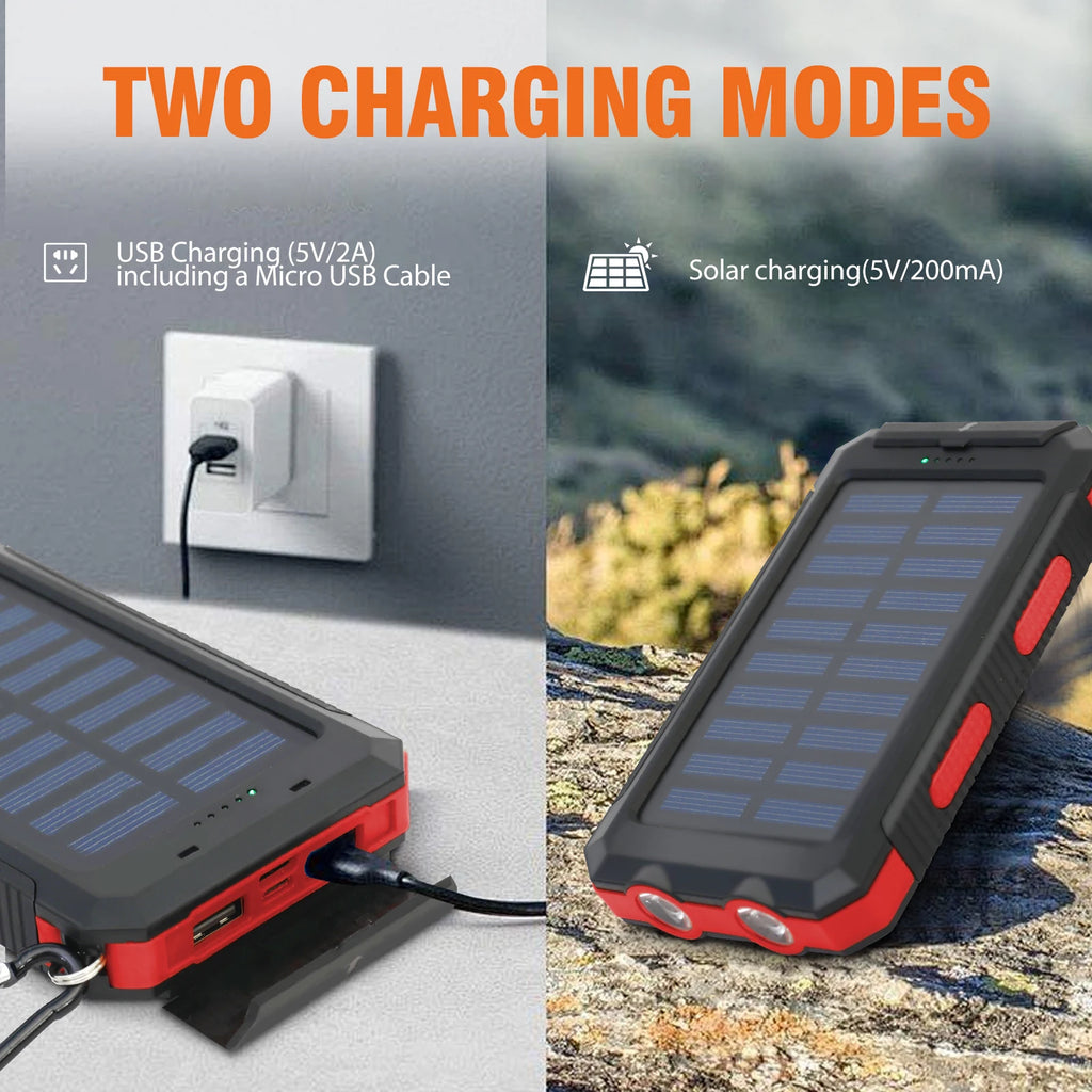 20000Mah Solar Charger Waterproof Portable Solar Power Bank Dual 5V USB Ports 2 LED Flashlight Compass for Outdoor Camping Hik