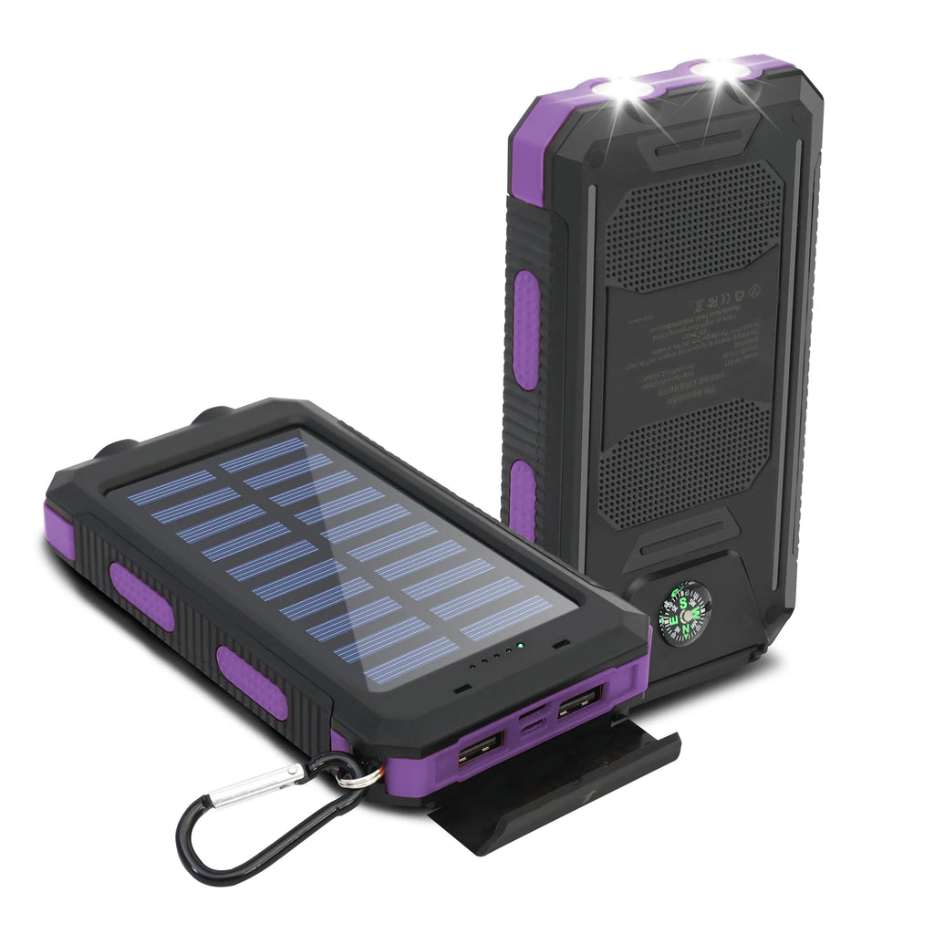 20000Mah Solar Charger Waterproof Portable Solar Power Bank Dual 5V USB Ports 2 LED Flashlight Compass for Outdoor Camping Hik