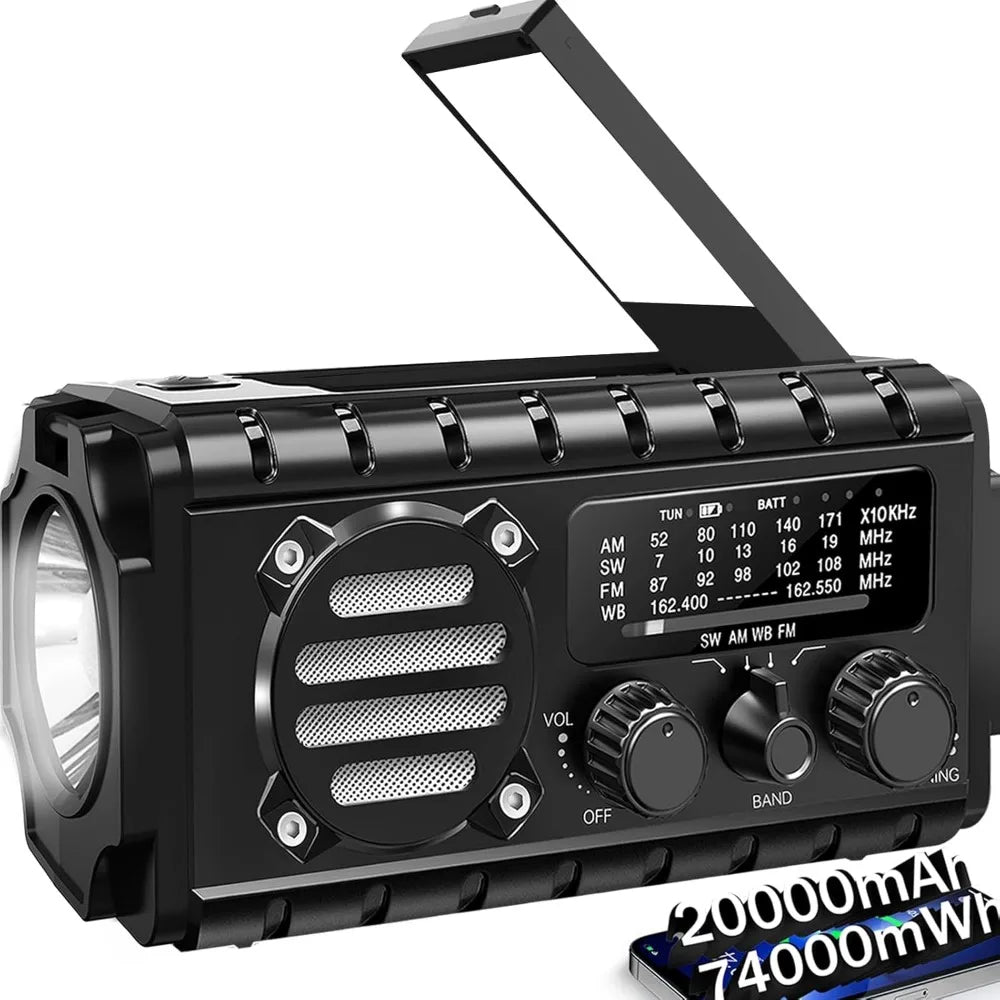 20000Mah Solar Hand Crank Emergency Radio with NOAA Weather, Flashlight, SOS Alarm, and Phone Charger for Outdoor Survival