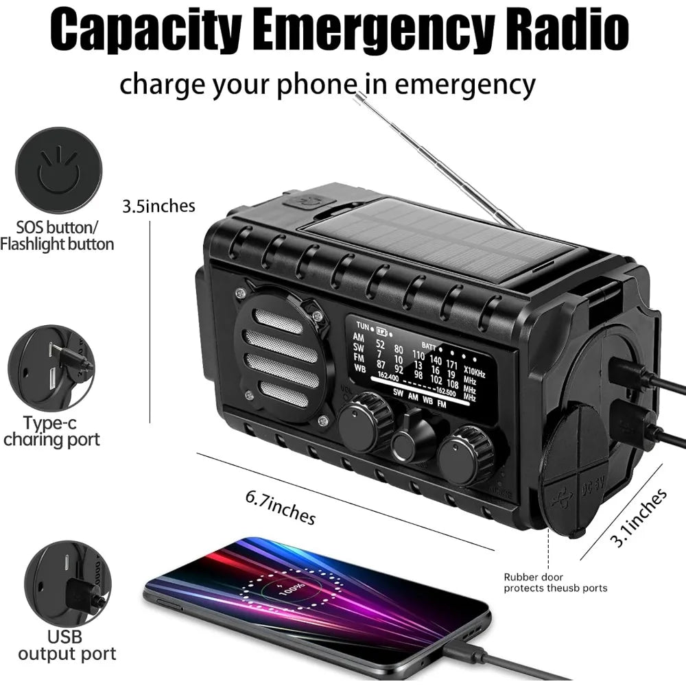 20000Mah Solar Hand Crank Emergency Radio with NOAA Weather, Flashlight, SOS Alarm, and Phone Charger for Outdoor Survival