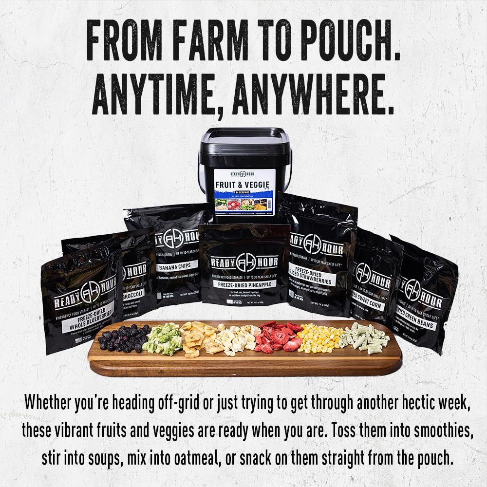 , Fruit & Veggie Mix, Non-Perishable Freeze-Dried Food, 30-Year Shelf Life, Portable Emergency and Adventure Food Supply, Durable Flood Safe Container, 56 Servings
